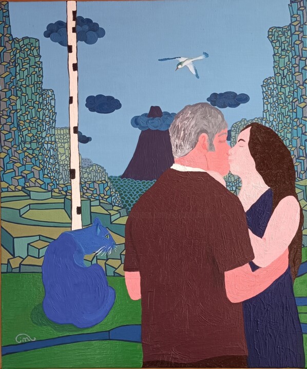 Painting titled "The Kiss XII" by Janusz Malik, Original Artwork, Oil Mounted on Wood Panel