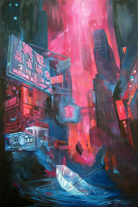 Картина под названием "Skyline 2099" - Janusz Orzechowski, Подлинное произведение искусства, Масло