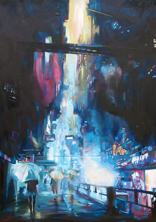 Painting titled "Skyline 2129" by Janusz Orzechowski, Original Artwork, Oil Mounted on Wood Stretcher frame