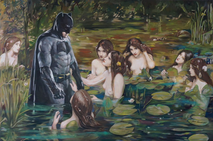 Malarstwo zatytułowany „Batman and the Nymp…” autorstwa Janusz Orzechowski, Oryginalna praca, Olej