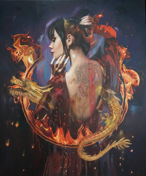 「Dragon girl II」というタイトルの絵画 Janusz Orzechowskiによって, オリジナルのアートワーク, オイル ウッドストレッチャーフレームにマウント