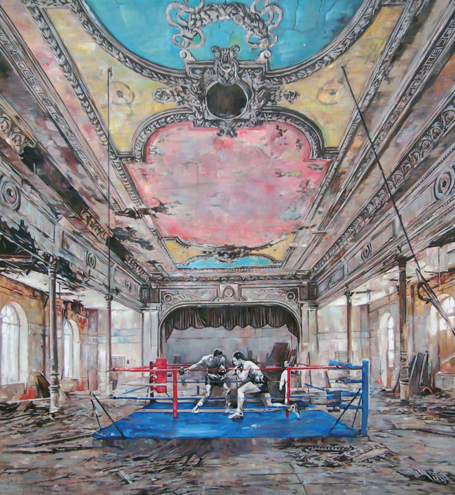 Painting titled "Boxing match" by Janusz Orzechowski, Original Artwork, Oil