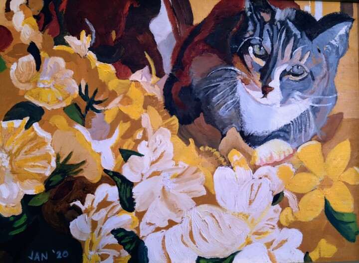 Schilderij getiteld "Miss Kitty" door Jan Wall, Origineel Kunstwerk, Olie Gemonteerd op Frame voor houten brancard