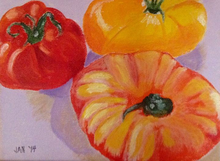 Malerei mit dem Titel "Three Tomatoes" von Jan Wall, Original-Kunstwerk, Öl
