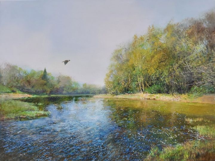 Painting titled "The River in Spring…" by Janis Zingitis, Original Art, Oil Mounted on Stretcher frame