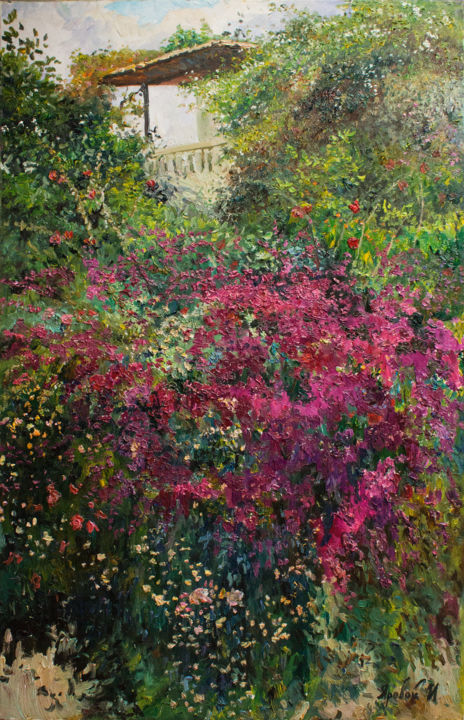 Painting titled "Blooming garden Leb…" by Illia Yarovyi, Original Artwork, Oil