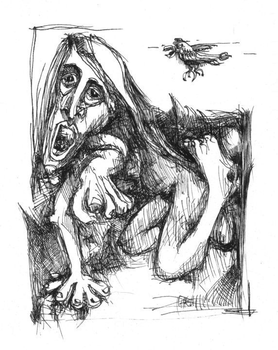 Drawing titled "Virus à oiseaux 2" by Pierre Andrillon (Jasinski), Original Artwork, Ink