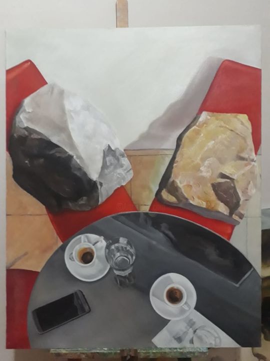 Painting titled "The dead in the cafe" by Jasir Gradeci, Original Artwork, Oil