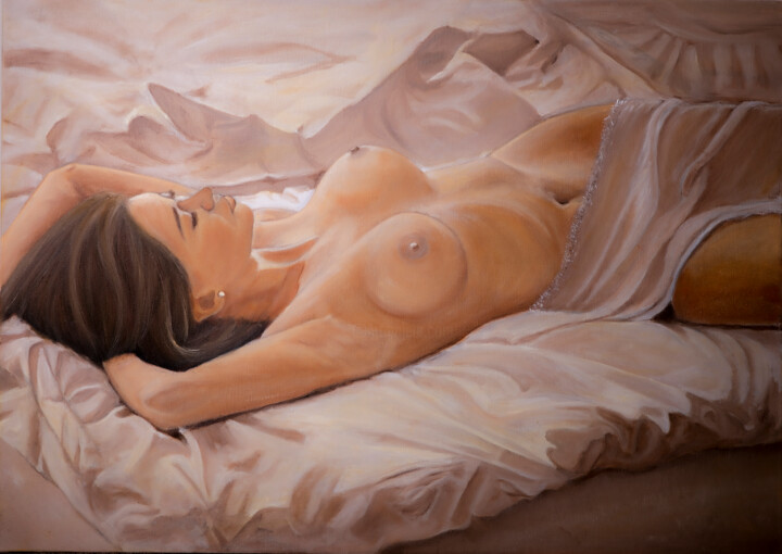 Painting titled ""Sweet Dreams"" by Jasmin Miteva, Original Artwork, Oil Mounted on Wood Stretcher frame