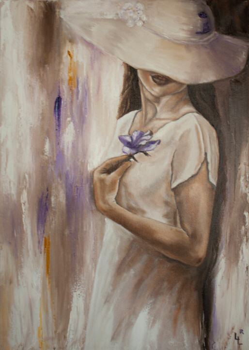 Painting titled ""Lady with a Flower"" by Jasmin Miteva, Original Artwork, Oil Mounted on Wood Stretcher frame