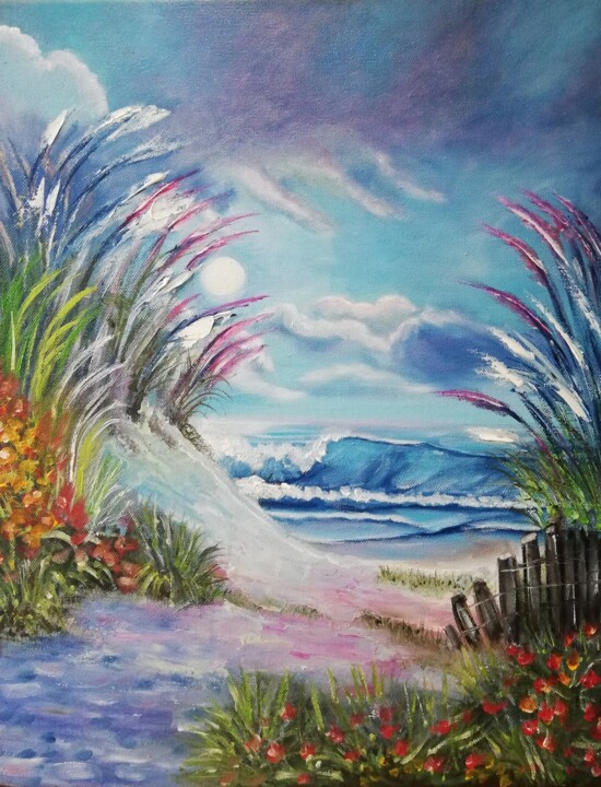 Painting titled "pampas by the sea" by Jasmina Vuckovic, Original Artwork, Oil