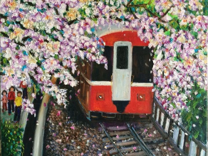 图画 标题为“櫻花下的電車.jpg” 由翔瑜 周, 原创艺术品, 其他
