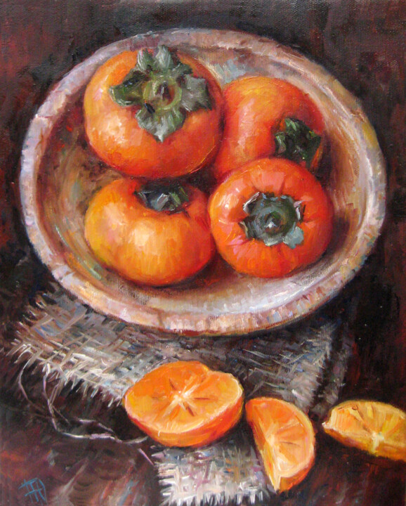 Painting titled "Persimmon" by Iuliia Perepelkina, Original Artwork, Oil Mounted on Wood Stretcher frame