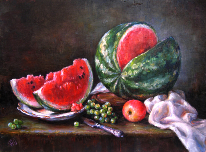 Painting titled "Still life with wat…" by Iuliia Perepelkina, Original Artwork, Oil