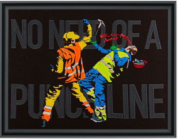"No need of a punchl…" başlıklı Tekstil Sanatı Jaune tarafından, Orijinal sanat, Nakış Ahşap Sedye çerçevesi üzerine monte e…