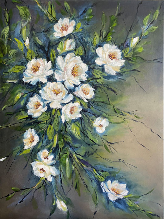 绘画 标题为“White roses” 由Jacqueline Wilkinson, 原创艺术品, 油