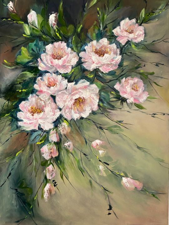Painting titled "Pink roses" by Jacqueline Wilkinson, Original Artwork, Oil