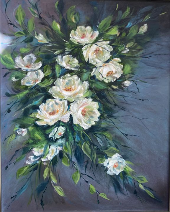 Pittura intitolato "White roses version…" da Jacqueline Wilkinson, Opera d'arte originale, Olio
