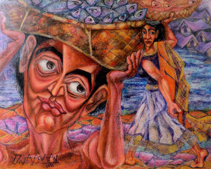 Painting titled "Fisher Couple" by Jayabalan Dhamodran, Original Artwork, Oil