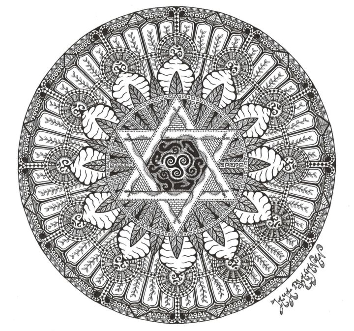 Drawing titled "Mandala Triskel" by Jaya Bhagavan, Original Artwork, Ink