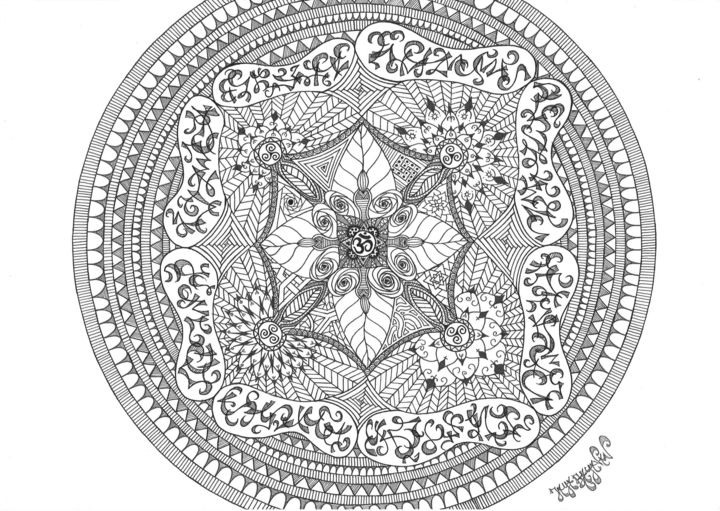 Desenho intitulada "Mandala Floral" por Jaya Bhagavan, Obras de arte originais, Tinta