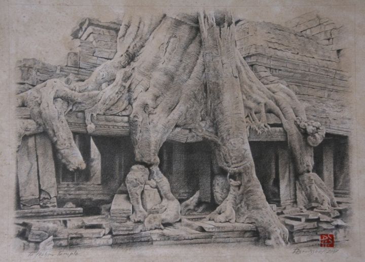 Zeichnungen mit dem Titel "Ta Phrom Temple" von Philippe Brousseau, Original-Kunstwerk