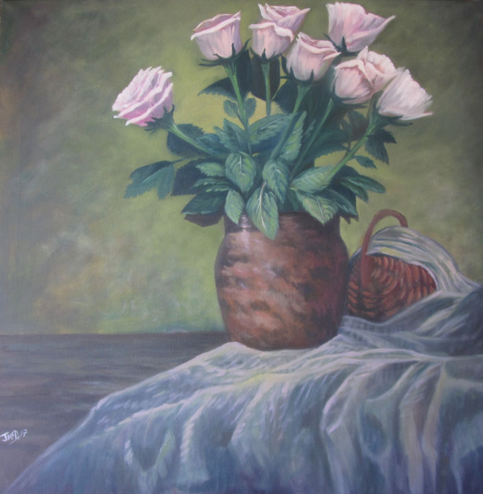 Painting titled "Pink Roses in Terra…" by Jmcd Art, Original Artwork, Oil