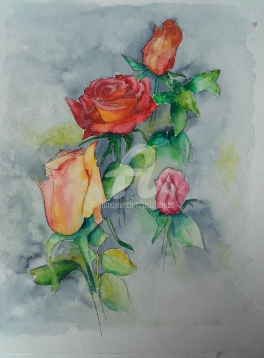 Painting titled "Les roses du jardin…" by James Burgevin, Original Artwork, Watercolor