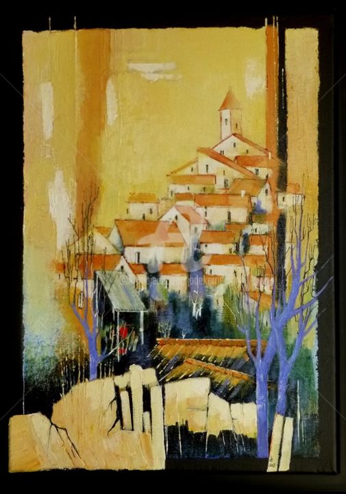 Painting titled "Le village perché" by James Burgevin, Original Artwork