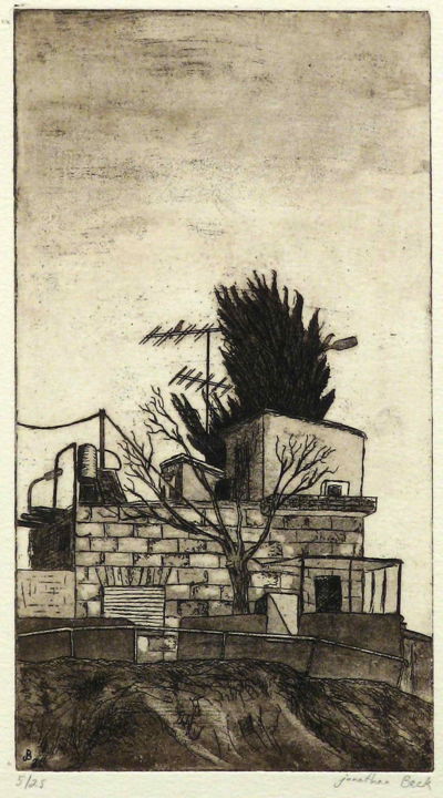 Printmaking titled "House in Nachlaot" by Jonathan Beck, Original Artwork, Etching