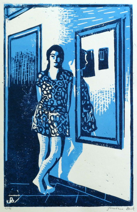 Printmaking titled "Girl in Blue" by Jonathan Beck, Original Artwork, Etching