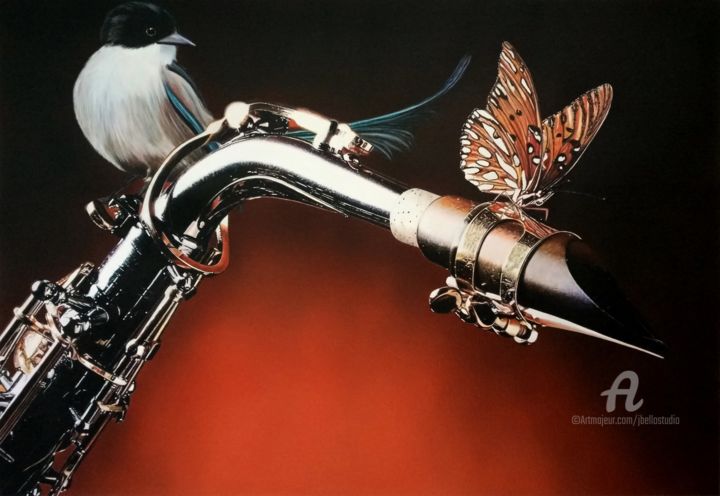 Painting titled "Flying Sax" by João Bello (JBello Studio), Original Artwork, Acrylic