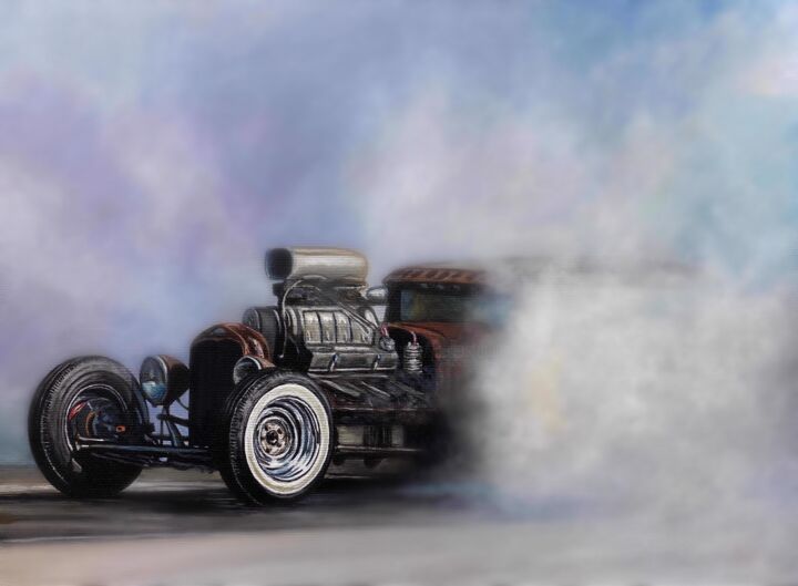 Painting titled "Driftinf Rat Rod I" by João Bello (JBello Studio), Original Artwork, Acrylic Mounted on Wood Stretcher frame