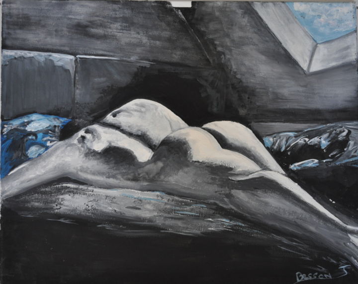 Painting titled "Le repos" by Jonathan Besson, Original Artwork, Gouache Mounted on Wood Stretcher frame
