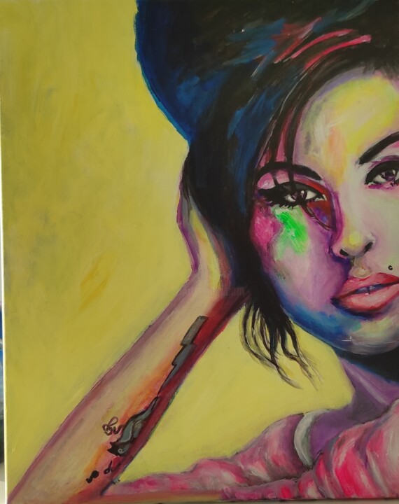 Painting titled "Amywinehouse" by Jonathan Besson, Original Artwork, Acrylic Mounted on Wood Stretcher frame