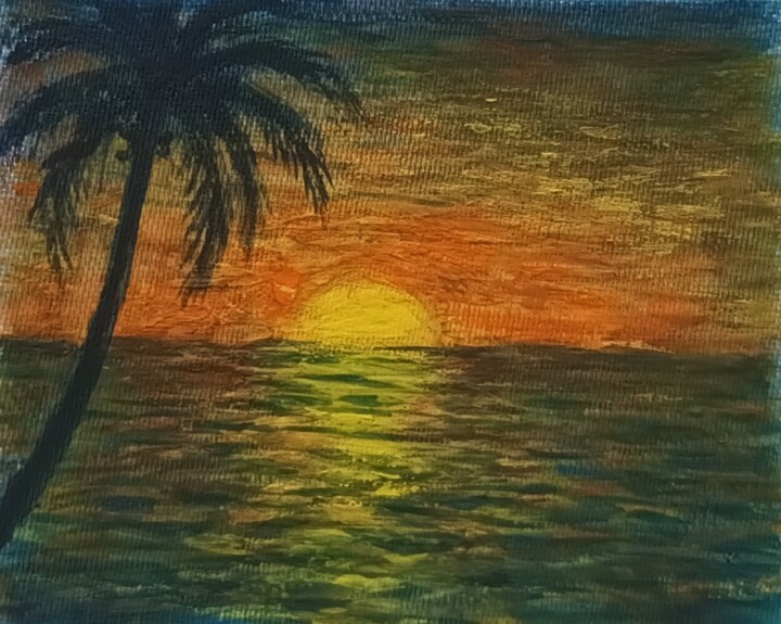 Pintura intitulada "Sunset with coconut…" por José A Cavaco, Obras de arte originais, Guache