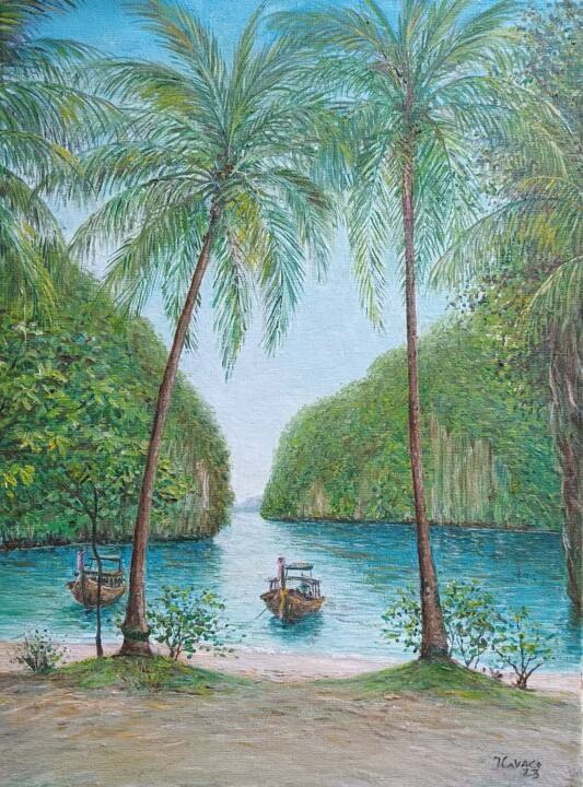 Painting titled "Koh Lao Lading" by José A Cavaco, Original Artwork, Oil Mounted on Wood Stretcher frame