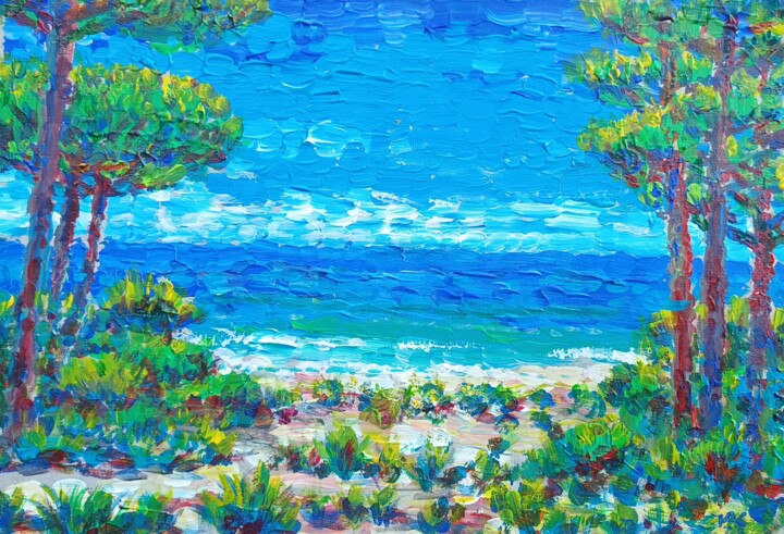 Painting titled "Beach with Pine tre…" by José A Cavaco, Original Artwork, Acrylic