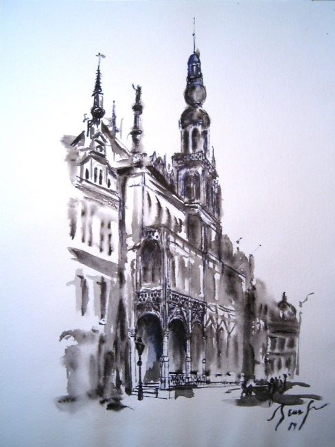 Dessin intitulée "Grand place de Brux…" par Jean-Claude Beuzard, Œuvre d'art originale, Encre