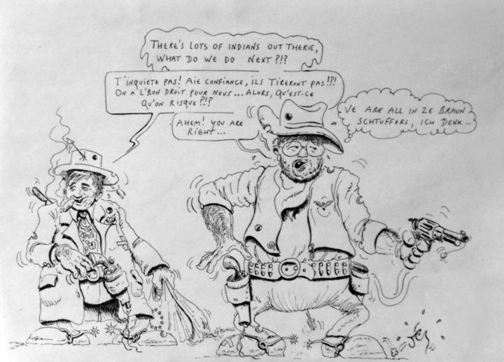 Drawing titled "Old buddies (carica…" by Jean-Claude Beuzard, Original Artwork, Ink