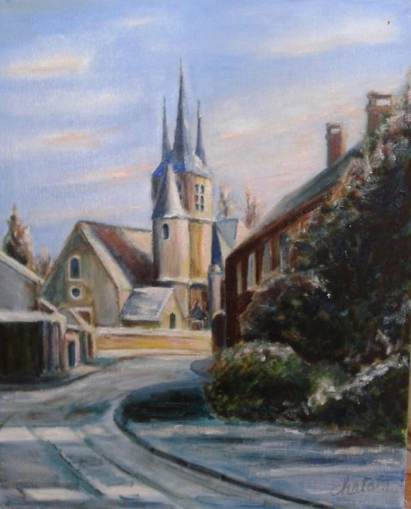 Painting titled "Eglise St Georges à…" by Jean-Claude Chatain, Original Artwork, Oil Mounted on Wood Stretcher frame