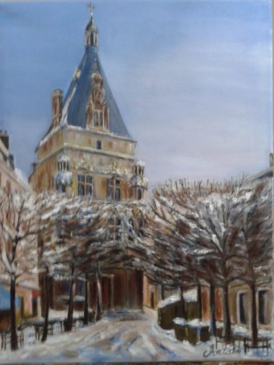 Painting titled "Beffroi de dreux" by Jean-Claude Chatain, Original Artwork, Oil Mounted on Wood Stretcher frame