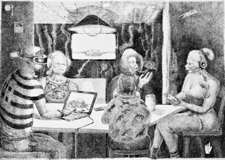 Drawing titled "Le festin virtuel" by Jean-Christophe Sylvos, Original Art, Ink
