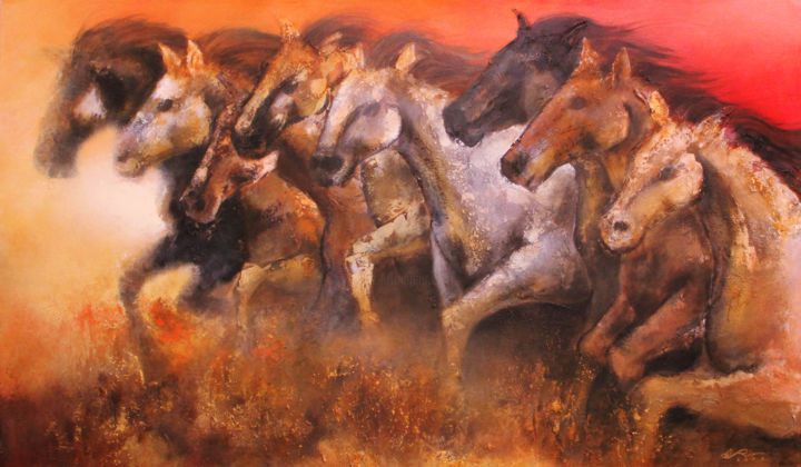 Pittura intitolato "8-horses-54x32.jpg" da Jonathan Del Rio, Opera d'arte originale