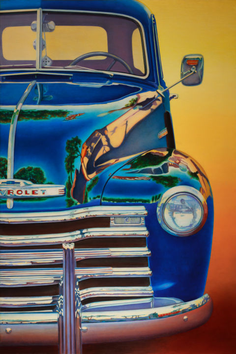 Painting titled "Chevy stepside" by John Chan, Original Artwork, Oil Mounted on Wood Panel