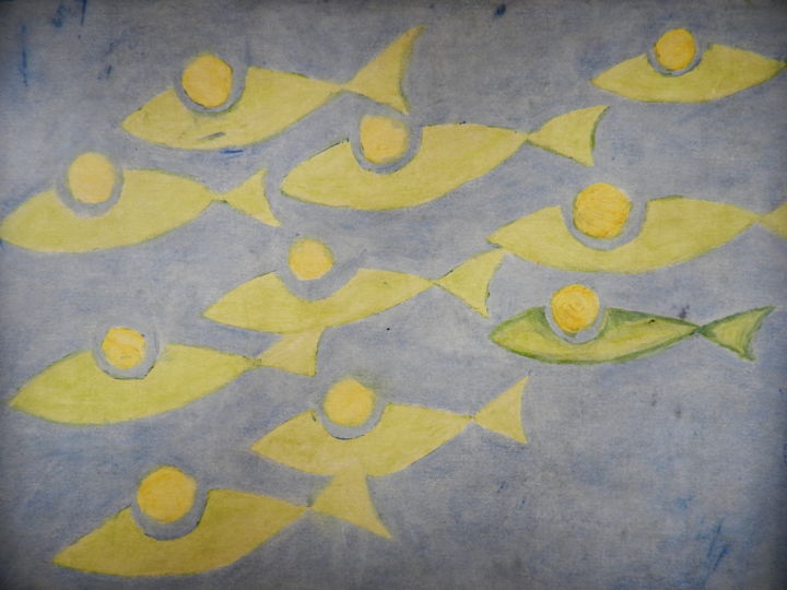 Painting titled "LES POISSONS" by Le Livreur De Chats, Original Artwork