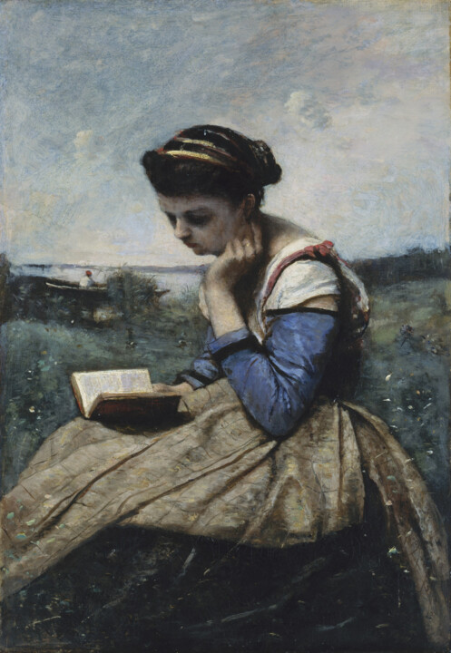 Painting titled "Une femme qui lit" by Jean-Baptiste-Camille Corot, Original Artwork, Oil