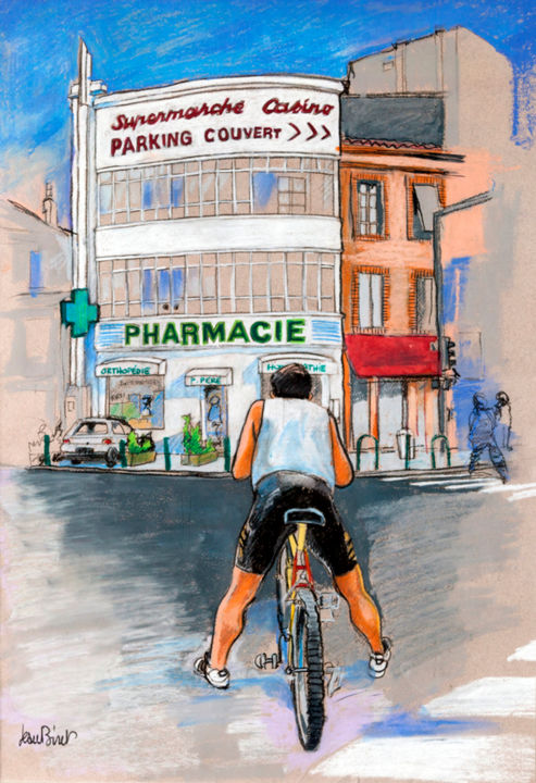 Drawing titled "Pharmacie Place Arn…" by Jean Biret, Original Artwork, Pastel