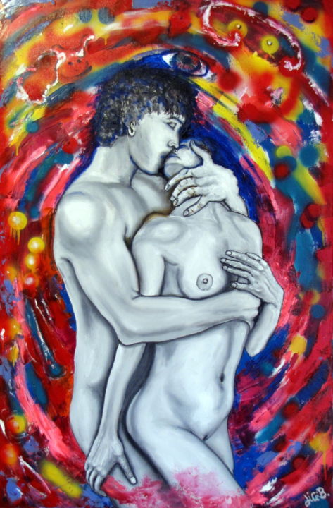 Painting titled "" Symbiosis moment "" by Jicé B., Original Artwork, Oil Mounted on Wood Stretcher frame