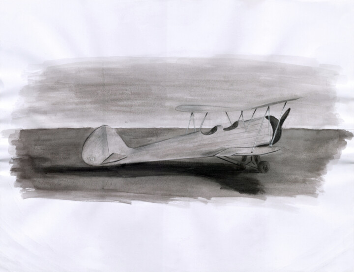 Peinture intitulée "Avion Biplan" par Jean-Charles Hecquet, Œuvre d'art originale, Aquarelle